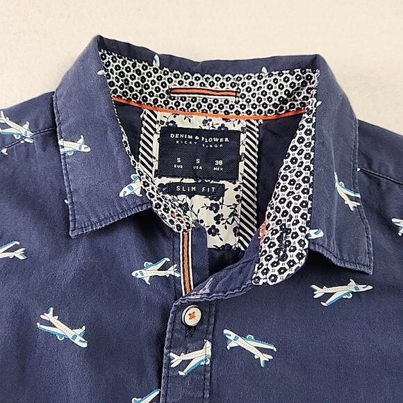 DENIM & FLOWER Ricky Singh Small Blue Casual Button up Collared Shirt Airplane - Picture 2 of 7